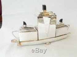 Art Deco Diament Silver Tea Pot Coffee Set Ebonised Wood