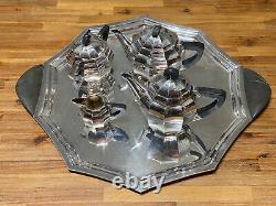 Art Deco GALLIA French Silverplate 5 Pcs Coffee & Tea Set with Large Tray