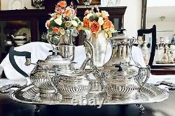 Art Deco LEONARD Silverplate Coffee & Tea 5 Pcs. Set fluted With Black Bakelite