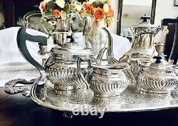 Art Deco LEONARD Silverplate Coffee & Tea 5 Pcs. Set fluted With Black Bakelite