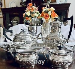 Art Deco LEONARD Silverplate Coffee & Tea 5 Pcs. Set fluted With Black Bakelite