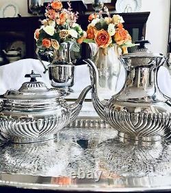 Art Deco LEONARD Silverplate Coffee & Tea 5 Pcs. Set fluted With Black Bakelite