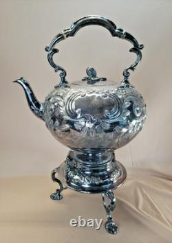 BEAUTIFUL c1880 ART NOUVEAU REPOUSSE SILVER PLATE TIPPING KETTLE TEAPOT ON STAND