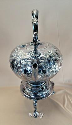 BEAUTIFUL c1880 ART NOUVEAU REPOUSSE SILVER PLATE TIPPING KETTLE TEAPOT ON STAND