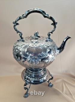 BEAUTIFUL c1880 ART NOUVEAU REPOUSSE SILVER PLATE TIPPING KETTLE TEAPOT ON STAND
