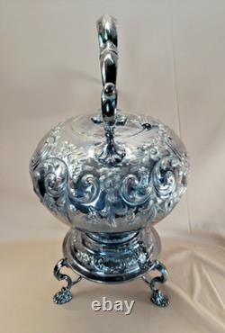 BEAUTIFUL c1880 ART NOUVEAU REPOUSSE SILVER PLATE TIPPING KETTLE TEAPOT ON STAND