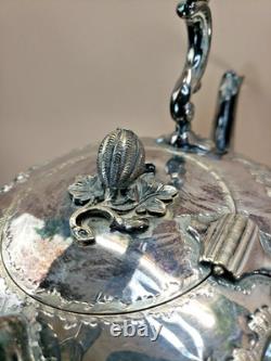 BEAUTIFUL c1880 ART NOUVEAU REPOUSSE SILVER PLATE TIPPING KETTLE TEAPOT ON STAND