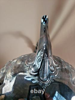 BEAUTIFUL c1880 ART NOUVEAU REPOUSSE SILVER PLATE TIPPING KETTLE TEAPOT ON STAND