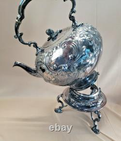 BEAUTIFUL c1880 ART NOUVEAU REPOUSSE SILVER PLATE TIPPING KETTLE TEAPOT ON STAND