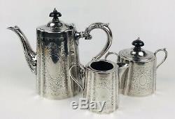 Barker Ellis Edwardian Engraved Silver Plate 3 Piece Tea Set With Ebony Handles