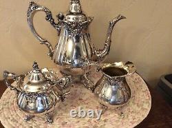 Baroque By Wallace Silver Tea Set Of 3 Tea Pot-Cream-Sugar Bowls Beautiful