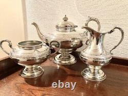British Antique Silver Plate Hand Chased Tea Set Teapot Milk Creamer Sugar Pot