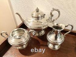 British Antique Silver Plate Hand Chased Tea Set Teapot Milk Creamer Sugar Pot