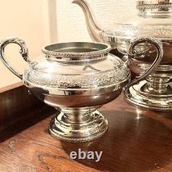British Antique Silver Plate Hand Chased Tea Set Teapot Milk Creamer Sugar Pot