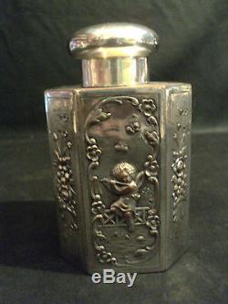 CONTINENTAL SILVER PLATE OVER COPPER 8-SIDED TEA CADDY, c. 1900