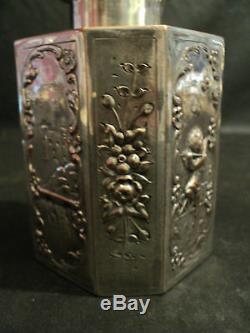 CONTINENTAL SILVER PLATE OVER COPPER 8-SIDED TEA CADDY, c. 1900