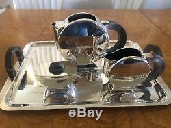 Christofle France Art Deco Christian Fjerdingstad Silver Plated Tea Pot Tray Set