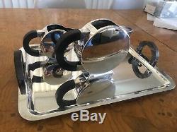 Christofle France Art Deco Christian Fjerdingstad Silver Plated Tea Pot Tray Set