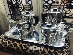 Christofle France Art Deco Luc Lanel Silver Plated Tea Coffre Pot Tray Set 1930