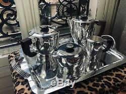 Christofle France Art Deco Luc Lanel Silver Plated Tea Coffre Pot Tray Set 1930