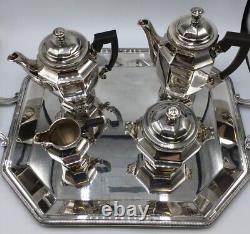 Christofle Gallia France Silver Plate Tea & Coffee Service w Tray, Ebony Handles