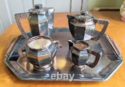 Christofle Gallia Silver Plate Tea Set Coffee 6118 6119 Art Deco Tray Wood Handl