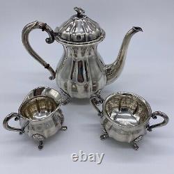 Danish Silver Plate 3 Piece Tea Set Melon Shape Pot Cream Sugar Open Bowl 20th C