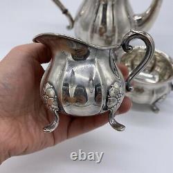 Danish Silver Plate 3 Piece Tea Set Melon Shape Pot Cream Sugar Open Bowl 20th C