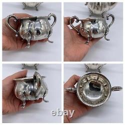 Danish Silver Plate 3 Piece Tea Set Melon Shape Pot Cream Sugar Open Bowl 20th C