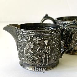 Derby SP Repousse Tea Set 4 Piece Silver Plated Tray Teapot Creamer Sugar 1930's