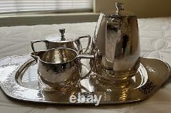 Derby S. P. Co. Wm. Mounts Silverplate 4 Piece Hand Beaten Art Deco Tea Set #1608