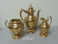 ELABORATE 19th C. GILDED SILVER PLATE 3-PIECE TEA SET, CIVIL WAR PROVENANCE