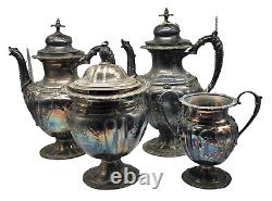 Early ROGERS & BRO. Silver Plate 4 Piece Ornate Tea Set 2 Teapots Creamer Sugar