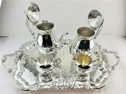 FB ROGERS SILVER FOOTED COFFEE & TEA SET + SILVER FOOTED BUTLER TRAY 5pc BEAUTY
