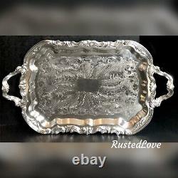 FB Rogers Silver Plated Serving Tray Large Handled Tea Tray Etched Footed 25