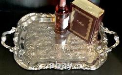 FB Rogers Silver Plated Serving Tray Large Handled Tea Tray Etched Footed 25