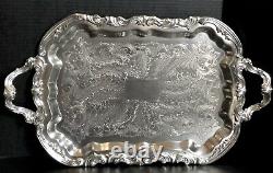 FB Rogers Silver Plated Serving Tray Large Handled Tea Tray Etched Footed 25
