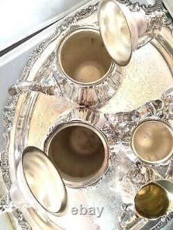 FREE SHIP Wallace Baroque Silverplate Coffee Tea Cream Sugar Tray Serving Set