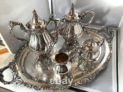 FREE SHIP Wallace Baroque Silverplate Coffee Tea Cream Sugar Tray Serving Set