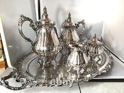 FREE SHIP Wallace Baroque Silverplate Coffee Tea Cream Sugar Tray Serving Set