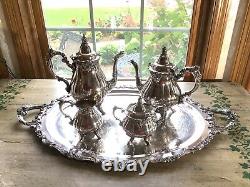 FREE SHIP Wallace Baroque Silverplate Coffee Tea Cream Sugar Tray Serving Set