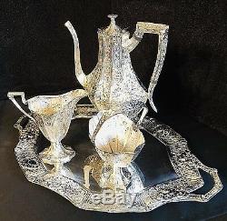 Fine Barbour Bros. Victorian Era Heavy Repousse Silver Plate Tea/Coffee Service