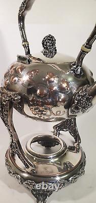 Fine Victorian English Sheffield Silver Plate Repousse Tea Pot Kettle on Stand