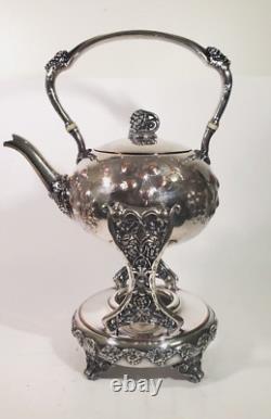 Fine Victorian English Sheffield Silver Plate Repousse Tea Pot Kettle on Stand