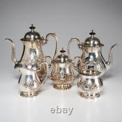 Five Piece Antique Crescent Silver-plate Hand Chased Coffee & Tea Set READ