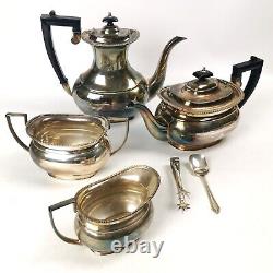 Four Piece Antique Silver Plate Tea & Coffee Set Ebonised Handle Reeded Design