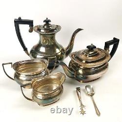 Four Piece Antique Silver Plate Tea & Coffee Set Ebonised Handle Reeded Design