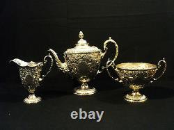 GORGEOUS 3-PC AMERICAN SILVER PLATE CHASED DECORATED TEA SET, c. 1890's