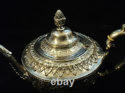 GORGEOUS 3-PC AMERICAN SILVER PLATE CHASED DECORATED TEA SET, c. 1890's