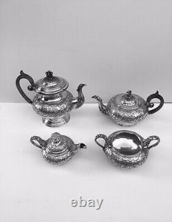 George Sheffield Style Melon Shape Hand Chased Floral 4 Pieces Coffee/Tea Set